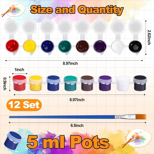 Vista 2 de Juego de 12 piezas de pintura acrílica, juego de pintura lavable en 8 colores, tiras de pintura de 0.2 fl oz para niños y adultos, juegos de pintura