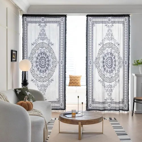 Vista 2 de Cortinas estampadas para sala de estar, artesanías populares, 54 pulgadas de largo, estilo indio, hippie, bohemio, con bolsillo para cortinero B2