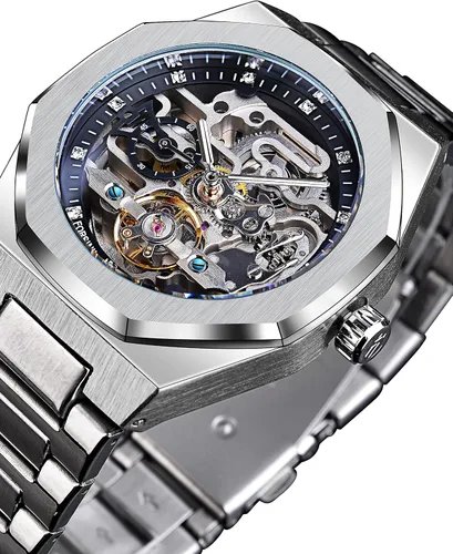 Vista 2 de FORSINING Reloj automático mecánico de pulsera para hombre octogonal impermeable reloj de esqueleto de lujo diamante Tourbillon plateado correa