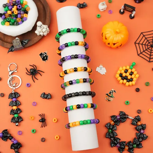 Vista 6 de 1200 cuentas de poni de Halloween a granel, 45 cuentas de murciélago negro, morado, naranja, verde, cuentas Kandi de plástico de 0.236 x 0.354 8