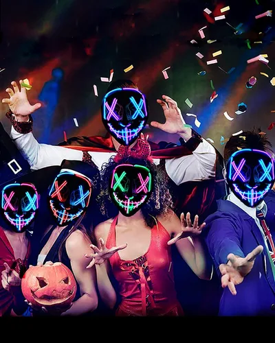 Vista 6 de Paquete de 2 máscaras de La Purga de Halloween con luz LED para adultos, disfraces y fiestas (azul rosa, azul y morado)