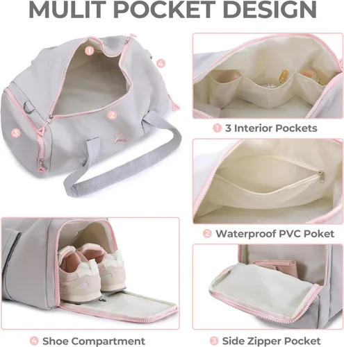 Vista 3 de Bolsa de gimnasio para mujer con compartimento para zapatos y artículos húmedos, bolsa de lona para viajes, deportes, yoga, fitness y entrenamiento