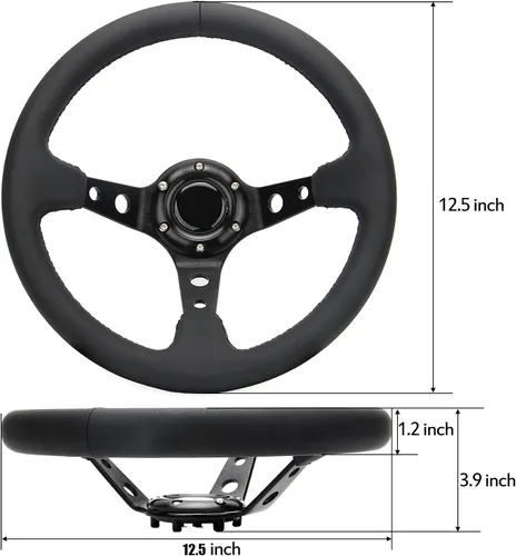 Vista 3 de Volante universal de carreras de 6 pernos 320mm 12.5" de cuero genuino negro con agarre, marco de aluminio, volante deportivo de llanta profunda