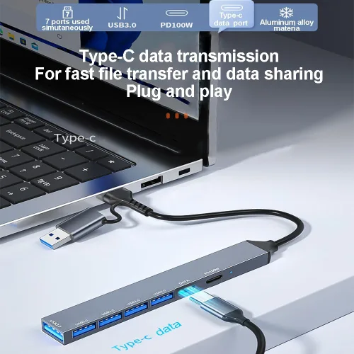 Vista 4 de Concentrador USB multipuerto USB-C, multipuerto de aleación de aluminio con 5 puertos USB, 2 puertos USB-C, para MacBook Pro Air, para iPad Pro