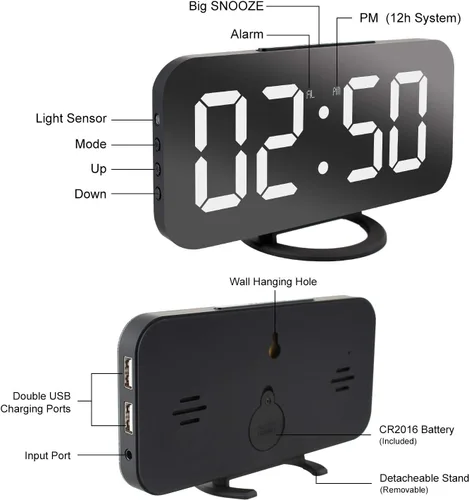 Vista 3 de Reloj despertador digital Lamisola, gran pantalla LED con espejo, 2 puertos de carga USB, brillo ajustable automáticamente, relojes modernos