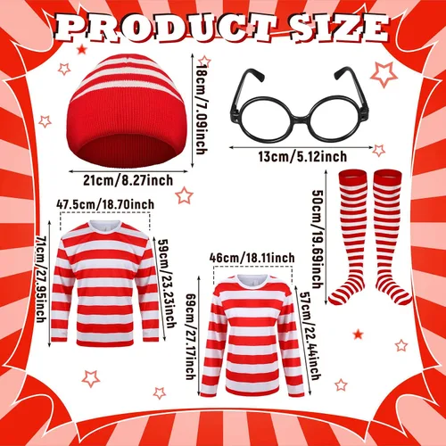 Vista 3 de Hicarer 7 piezas de Halloween Cosplay camisa de rayas rojas y blancas para adultos, hombres y mujeres, disfraces de Halloween, sudadera con gafas