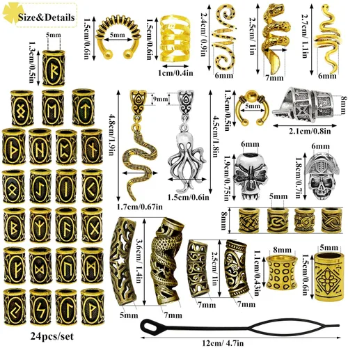 Vista 7 de 207 piezas de joyería para cabello vikingo, cuentas de runas nórdicas en tubo, kit de accesorios para trenzas, rastas, barba, locs, clips metálicos