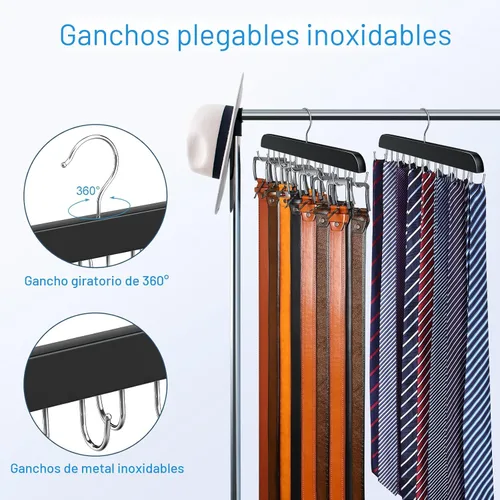 Vista 4 de Percha de cinturón para armario Max 42 cinturones, accesorios de armario de madera resistente con 14 ganchos, organizador de cinturón