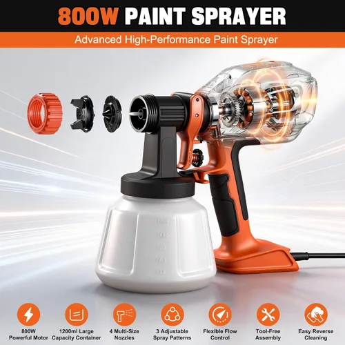 Vista 6 de Pulverizador de pintura para pintura de casa, pistola de pintura en aerosol HVLP de 800 W con 4 boquillas y 3 patrones, contenedor de aerosol
