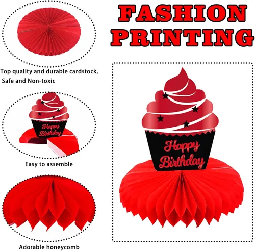 Vista 4 de Feliz 45 cumpleaños rojo y negro centros de mesa de panal de abeja decoraciones de globos decoración de mesa centros de mesa para niñas mujeres