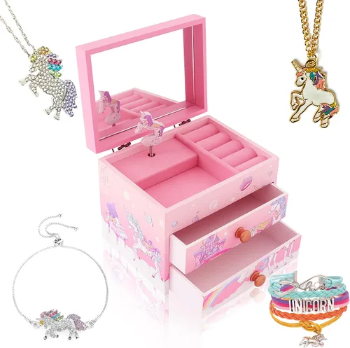 Vista 14 de Agitation Joyero Musical de Madera de Princesa Unicornio con Juego de Joyas a Juego, Regalos de Unicornio para Niñas, Grande, Madera, Plástico.