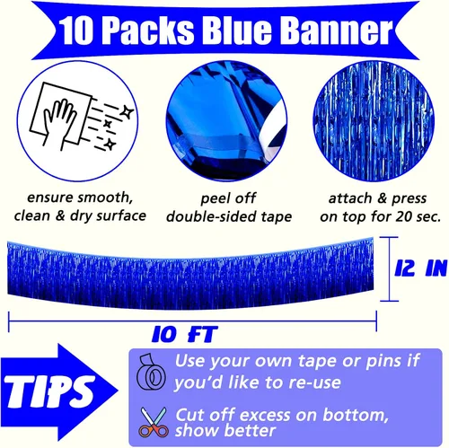 Vista 2 de Paquete de 10 guirnaldas de flecos de papel de aluminio azul de 10 pies con borlas metálicas para colgar en la pared, telón de fondo para flotadores