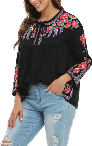 Vista 6 de YZXDORWJ Camisa bordada mexicana para mujer
