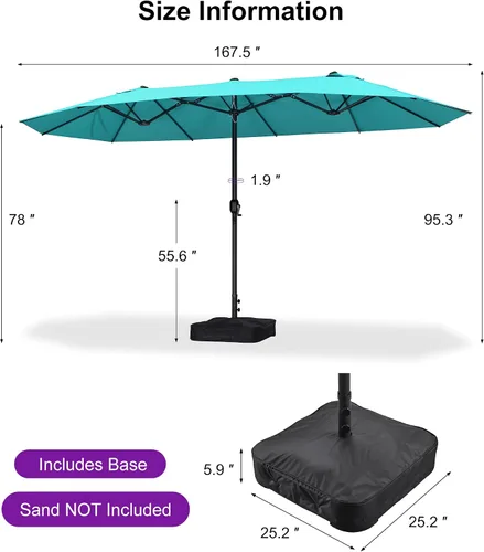 Vista 136 de PURPLE LEAF - Sombrilla de mercado de patio de 13 pies con base rectangular doble cara, sombrilla de mesa para exteriores con manivela, 12 varillas