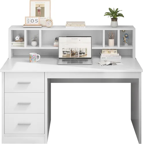 Vista 7 de MaverickFurni Escritorio blanco con cajones, escritorio de oficina en casa de 46 pulgadas con gabinete y almacenamiento, escritorio pequeño con 3