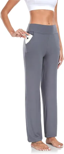 Vista 4 de ADANIKI Pantalones de yoga para mujer con bolsillos, pantalones de cintura alta con corte de bota y pierna recta para mujer, pantalones deportivos