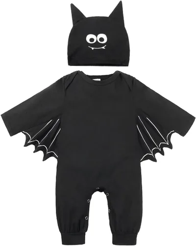 Vista 2 de FANCYINN Disfraz de murciélago negro para bebé, mameluco con gorro, disfraz de murciélago de Halloween, 2 piezas, 3-24 meses