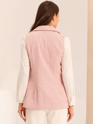 Vista 4 de Allegra K Chaleco vintage de tweed para mujer, con frente abierto, a cuadros, sin mangas, cárdigan casual para el trabajo