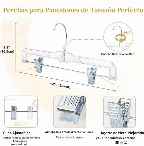 Vista 9 de HOUSE DAY Perchas transparentes para pantalones de 14 pulgadas con clips