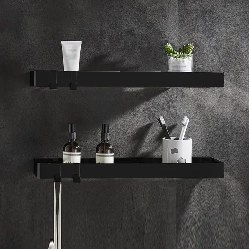 Vista 19 de Wallmounted Bathroom Shelf Floating Organizer with Hooks for Toiletries & Cosmetics 2Tier Black Rectangular Storage Rack for Shower & Kitchen