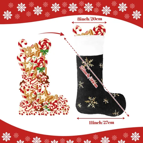 Vista 4 de Calcetines negros de piel sintética de Navidad, 1 paquete grande de 22 pulgadas, medias colgantes de felpa negra con nombre personalizado con copos