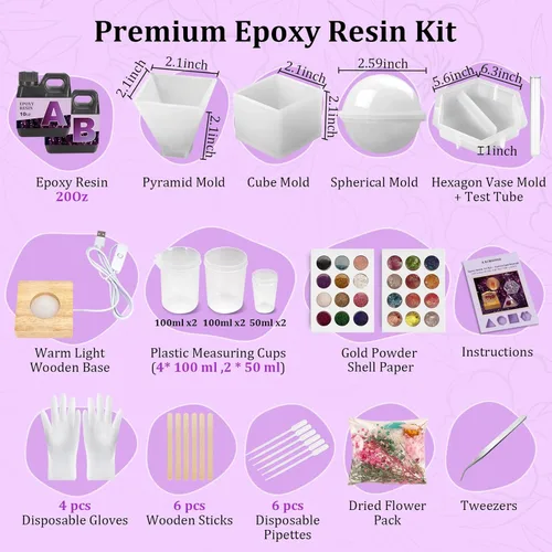 Vista 8 de K KERNOWO Kit de resina epoxi con luz para principiantes, kit de resina y moldes, juego completo de manualidades para adultos y mujeres, juego