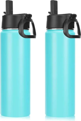 Vista 32 de Neihepal Botellas de agua aisladas de 22 onzas con tapa con popote a prueba de fugas, botella de agua de acero inoxidable de doble pared de boca