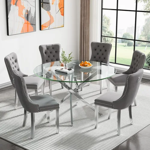 Vista 111 de Juego de mesa de comedor SSLine moderno de 3 piezas con mesa redonda de vidrio para 2, lujosa mesa de comedor circular de 36" con tapa de vidrio