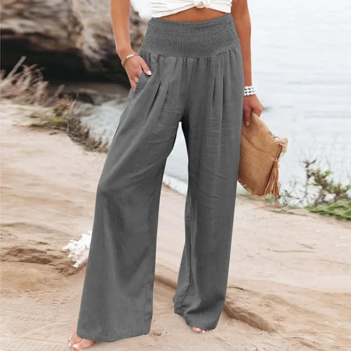 Vista 5 de Cotton Linen Pants Women's Casual Wide Leg Palazzo Pants, Casual High Waisted Palazzo Pants with Pockets