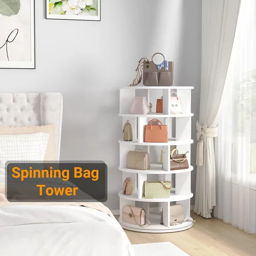 Vista 7 de Aheaplus Zapatero Giratório, Organizador de Zapatos de 5 Niveles de Madera para Clóset, Torre Giratoria de Zapatos de 360°, Estante de Blanco