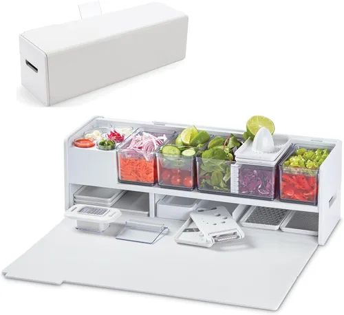 Vista 10 de Prepdeck Estación de almacenamiento y preparación de recetas Gen 2, 8 herramientas esenciales + tabla de cortar de lujo, 14 recipientes de plástico