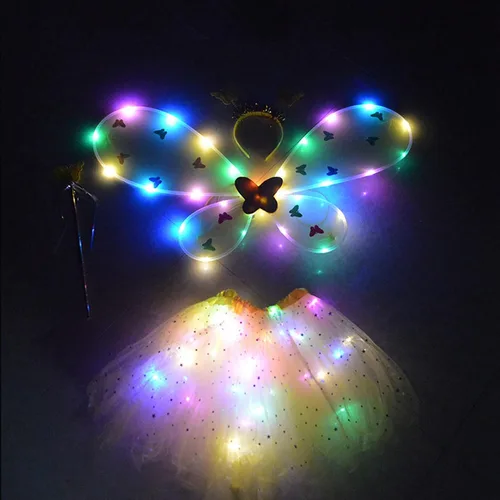 Vista 2 de 4Pcs Girls Fairy Halloween Costume, Light Up Layered Tulle Tutu Skirt + Fairy Wings & Hair Hoop + Wands