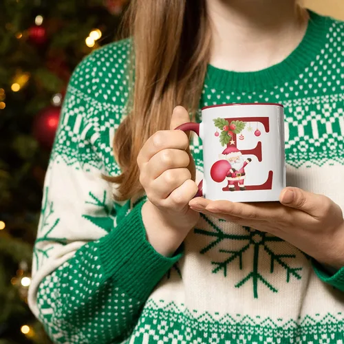Vista 6 de Taza de café con inicial de Navidad con tema de Papá Noel, 11 o 15 onzas, 9 colores opcionales, tazas personalizadas para niños, niños y niñas, taza