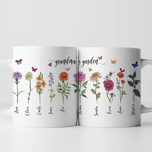 Vista 3 de Taza personalizada con aislamiento de flores del mes de nacimiento, taza personalizada para la abuela, taza del día de la madre, jardín