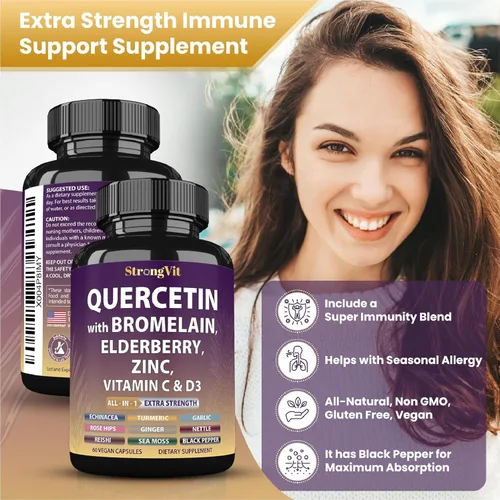 Vista 3 de StrongVit Quercetina con bromelina, saúco, vitamina C, D3 y zinc. Suplemento de apoyo súper inmunológico. Complejo orgánico para hombres y mujeres