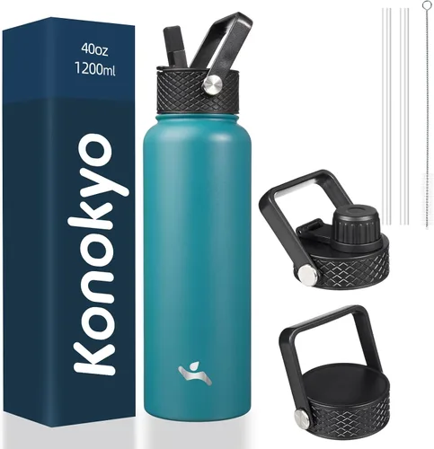 Vista 52 de Konokyo - Botella de agua aislada de 18 onzas, botellas deportivas de acero inoxidable con 3 tapas, verde militar