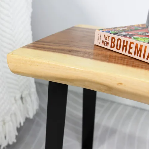 Vista 4 de Banco rectangular de madera natural, taburetes de entrada de madera maciza de 20 x 13 x 18 pulgadas de alto, mesa auxiliar rústica con borde vivo