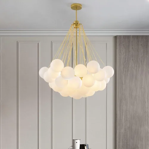 Vista 11 de Candelabro de cristal con forma de bola de burbujas, lámpara colgante moderna nórdica para comedor con pantalla de vidrio azul degradado, globos