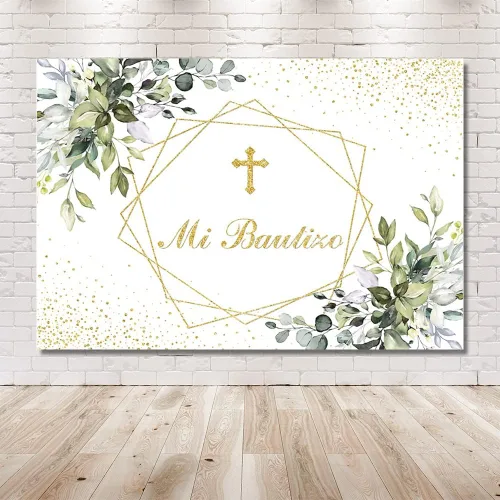 Vista 6 de MEHOFOND Mi Bautizo - Telón de fondo para fiesta de bautismo mexicano, suministros para primera comunión recién nacido, baby shower, fondo dorado