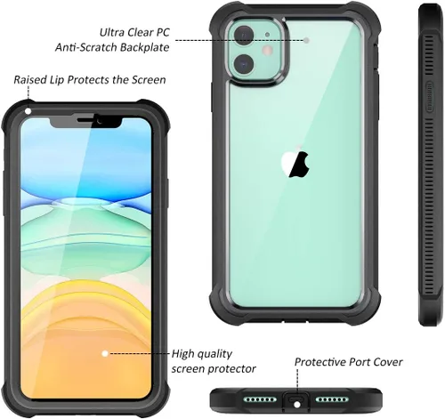 Vista 4 de Dexnor Funda para iPhone 11 con protector de pantalla, transparente, resistente 360, protección de cuerpo completo, a prueba de golpes, parte