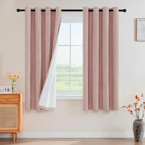 Vista 147 de Cortinas con textura de lino 100% opacas de 64 pulgadas de largo, juego de 2 paneles de cortinas de lino opacas con forro aislante térmico que Arena
