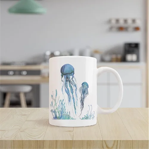 Vista 2 de kunlisa Taza de cerámica de medusas de acuarela, taza de cerámica para parejas de medusas de vida marina, taza de té con leche de 11 onzas, regalos