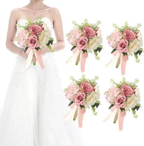 Vista 46 de Ramos de novia bohemios para boda, ramos de 9 pulgadas de flores artificiales para decoraciones de centro de mesa de ceremonia y aniversario, rosas