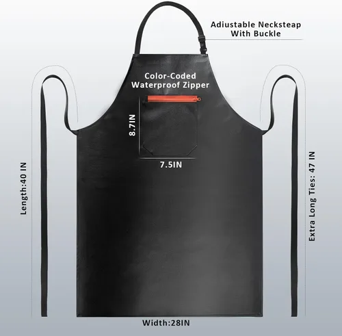 Vista 2 de Delantal impermeable, delantal de vinilo de goma extra largo resistente con bolsillo para hombres, delantales ajustables resistentes a productos