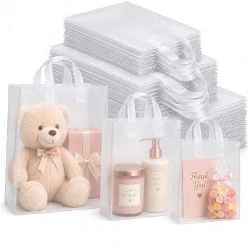 Vista 24 de Amylove 80 bolsas de regalo transparentes a granel con asa, bolsa de plástico esmerilado, embalaje reutilizable, envoltura de golosinas