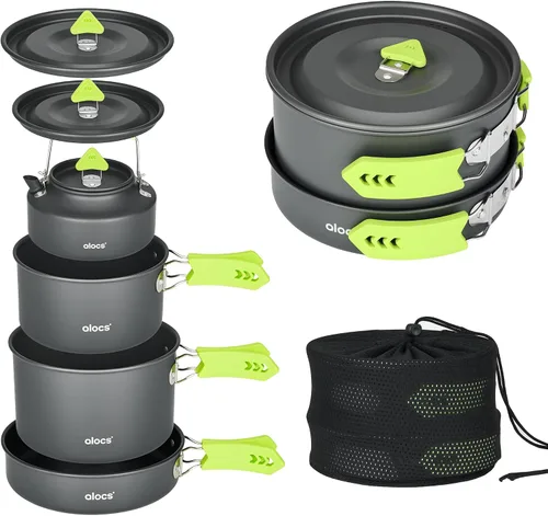 Vista 10 de Alocs Camping Cookware Set - Lightweight Camping Pots and Pans - Portable Outdoor Cookware with Kettle - Camping Cookware Mess Kit for 2