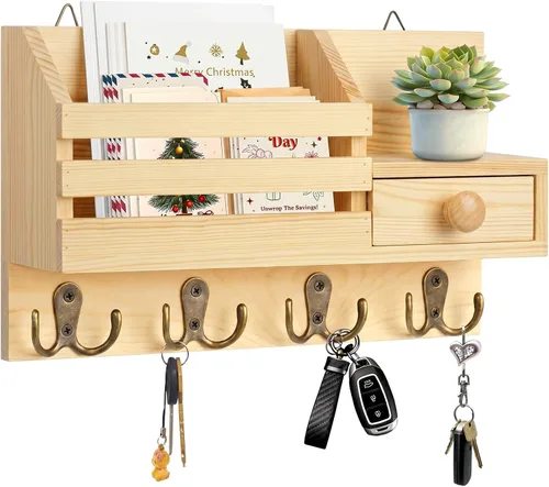 Vista 10 de Soporte para llaves de pared, organizador de correo adhesivo de madera y llaves con cajón, estante pequeño, 8 ganchos, 2 métodos de instalación