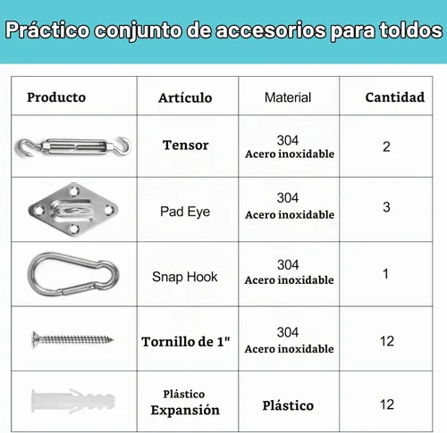 Vista 4 de HOMPER M6 Kit de accesorios para velas de sombra, accesorio de toldo de acero inoxidable rectangular de 15 cm, accesorios de fijación resistentes