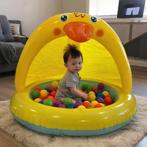 Vista 5 de Piscina para bebés con sombra, juego de piscina Sprinkle and Splash, bañera de pato al aire libre de 39 pulgadas