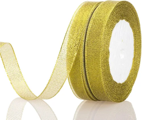 Vista 8 de YASEO Cinta de purpurina dorada de 1 1/2 pulgadas, 25 yardas de cinta de tela metálica brillante para envolver regalos, decoración de fiestas